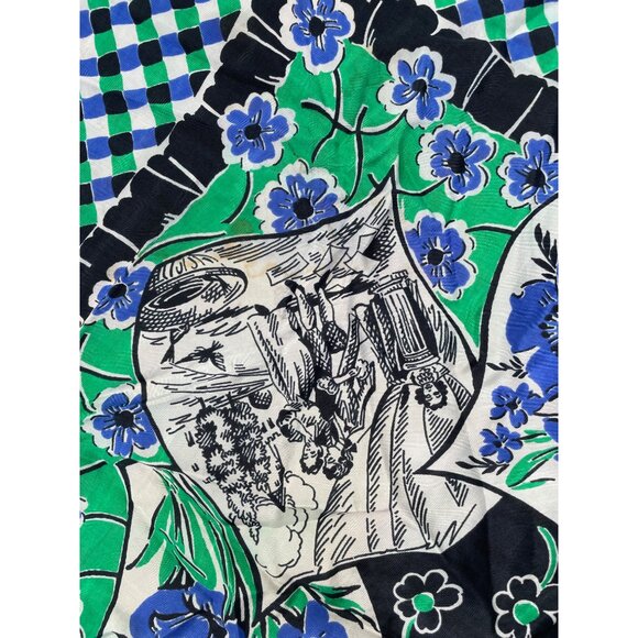 Vintage Silk Square Scarf 28"x28" Blue Green & Black Checkered Floral Design - Picture 6 of 8